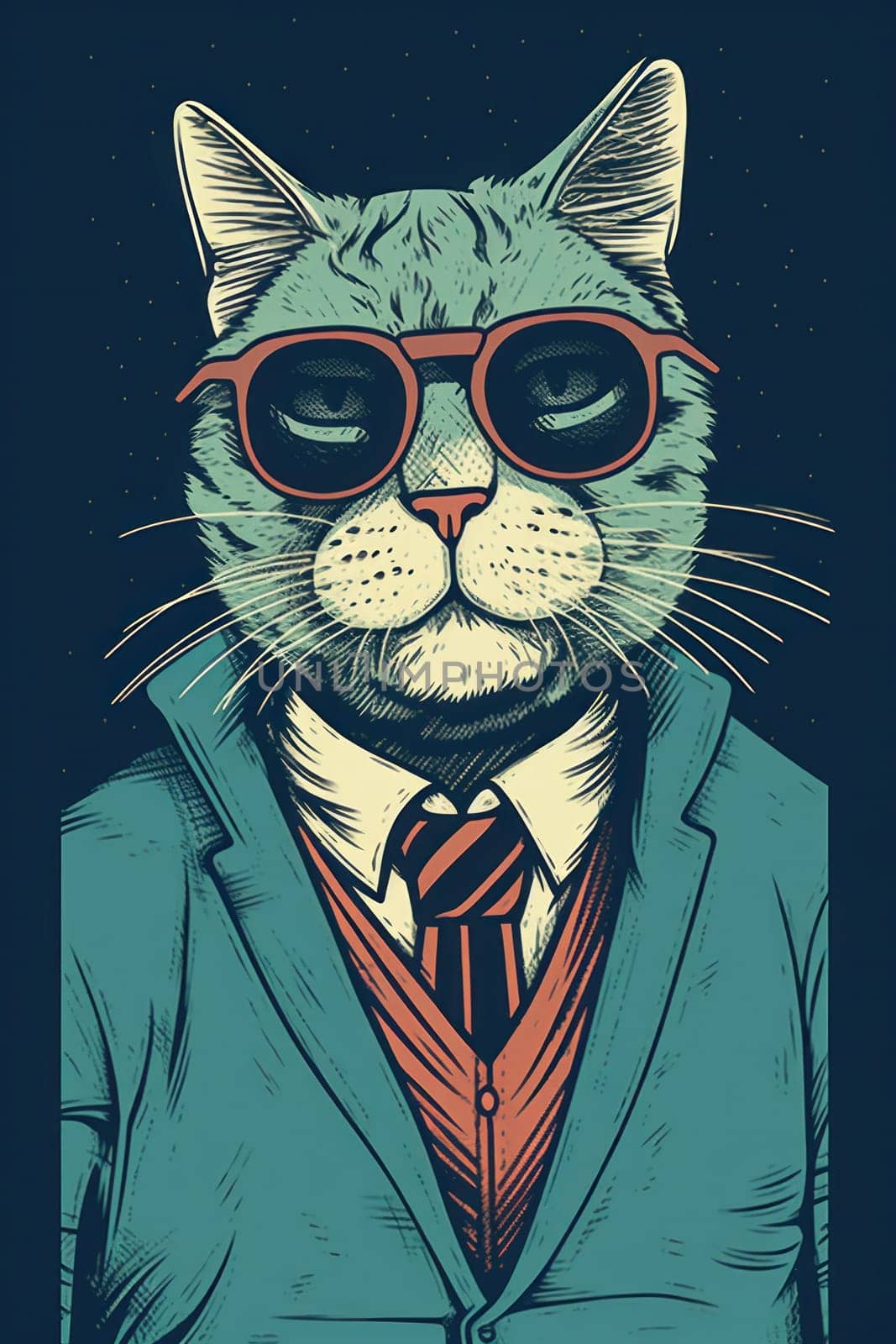 A cat in a suit and tie wearing glasses