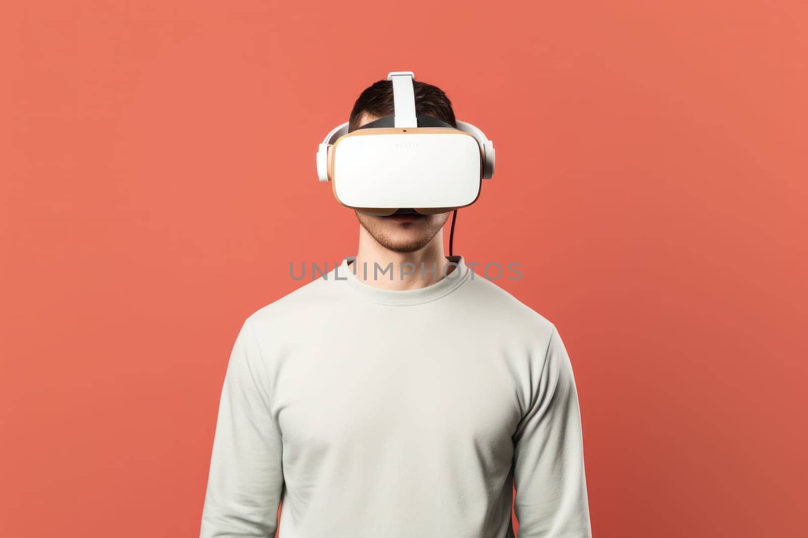 A man wearing a virtual reality headset against a red background