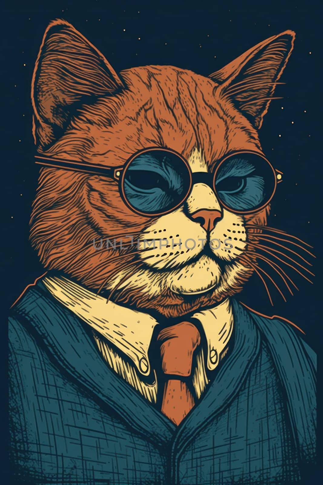 An orange cat wearing sunglasses and a suit, AI by starush