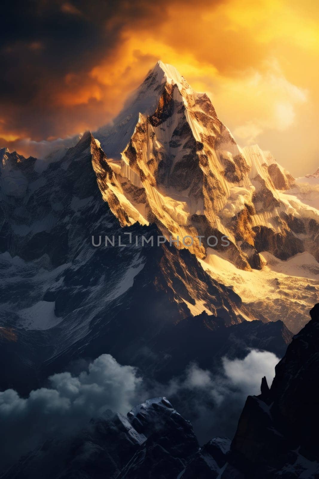 A mountain covered in snow and clouds under a cloudy sky