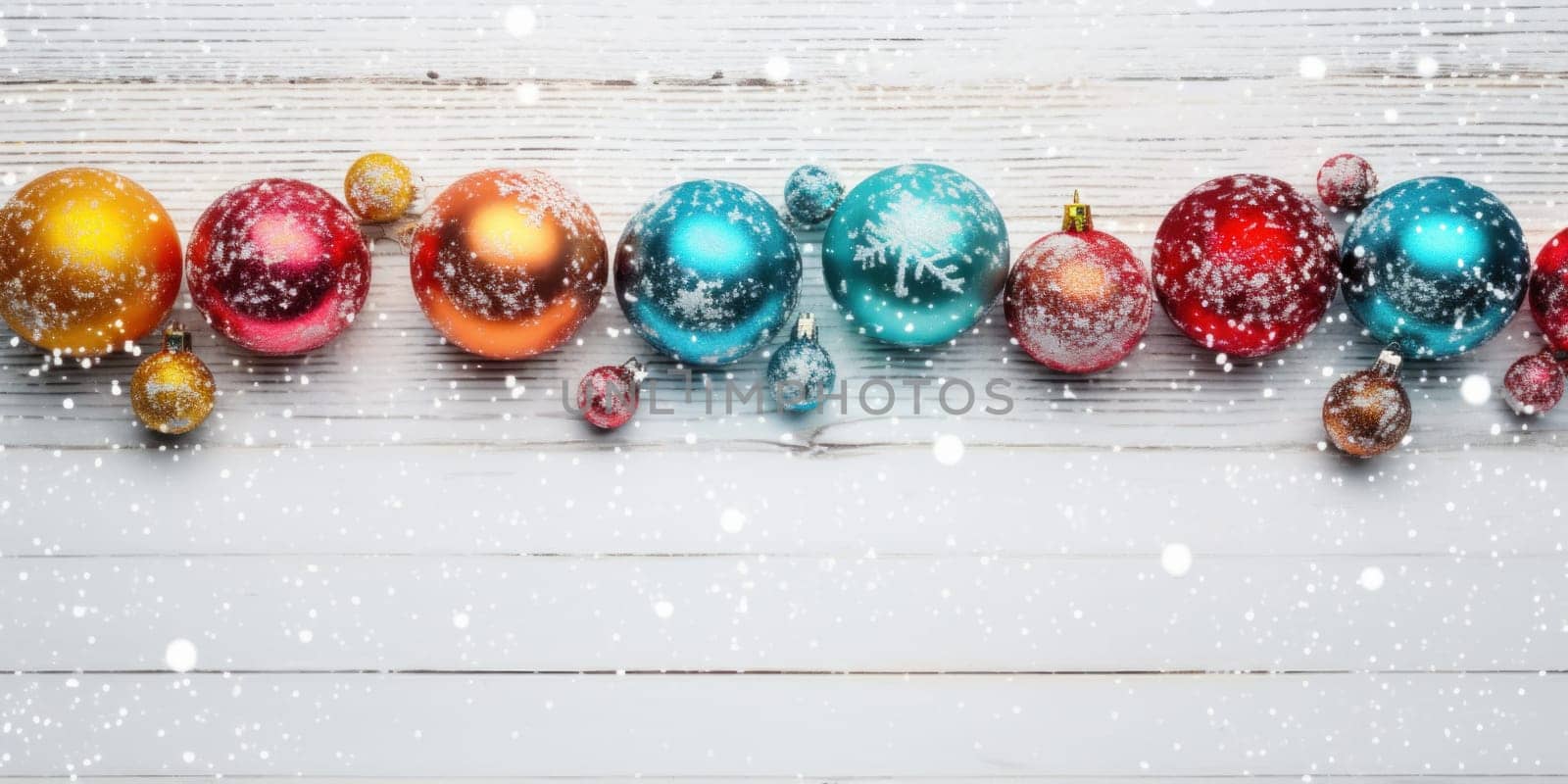 A row of colorful christmas ornaments on a wooden surface