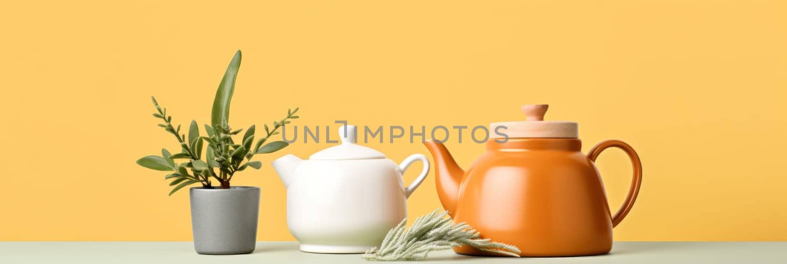 A table with a potted plant and a teapot on it