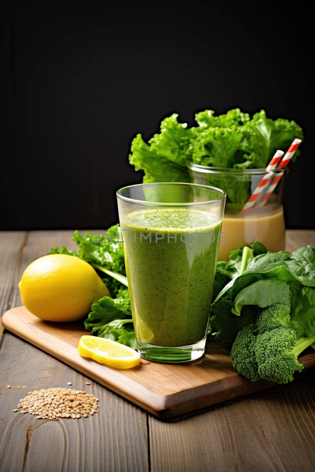 A wooden cutting board topped with a glass of green smoothie