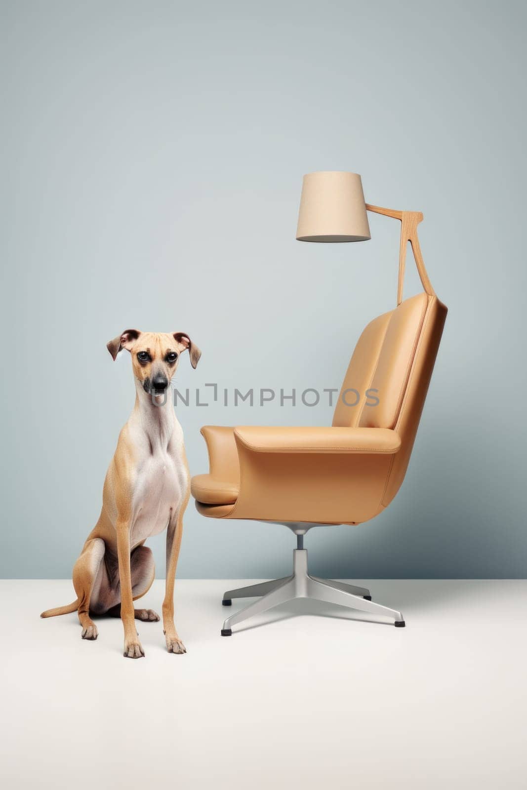 A dog sitting in a chair next to a lamp, AI by starush