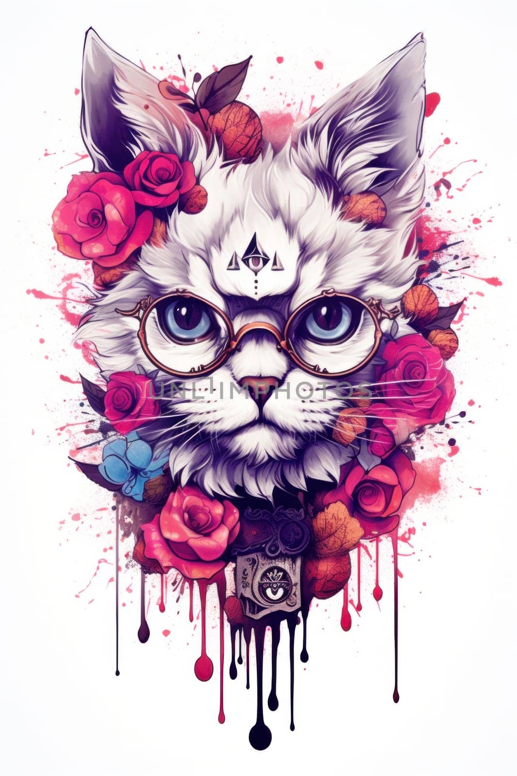 A cat with glasses and flowers on its head