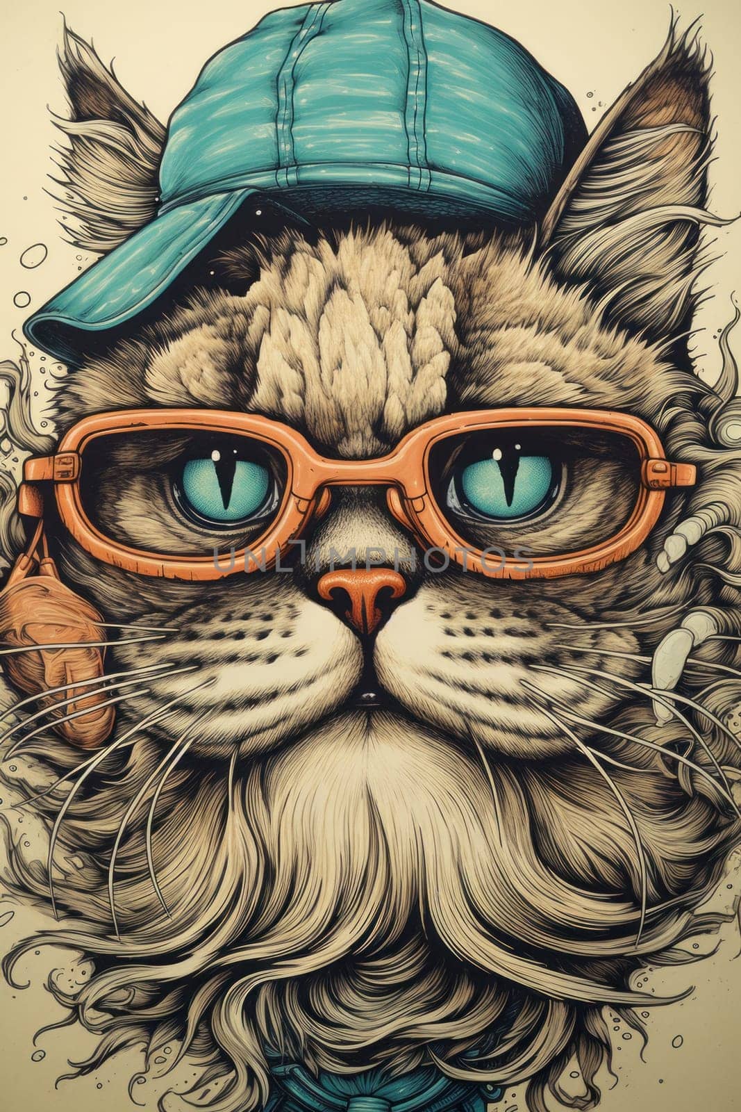 A drawing of a cat wearing a hat and glasses, AI by starush