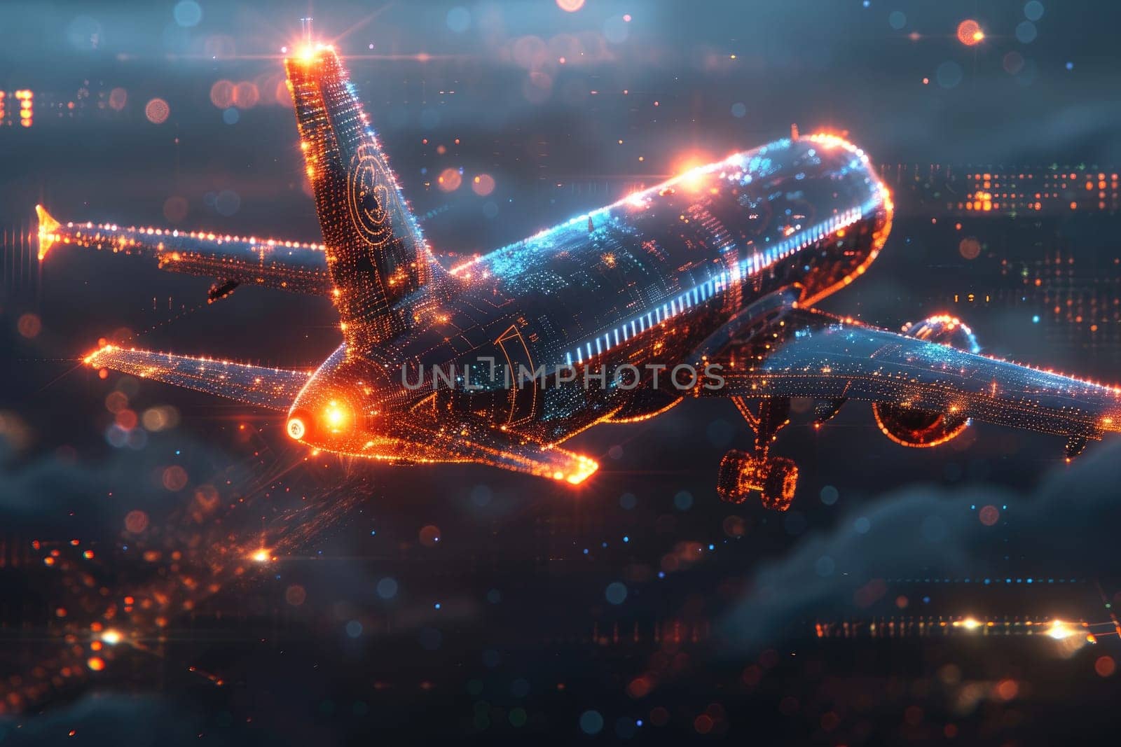 Plane with futuristic technology background. Generative AI.