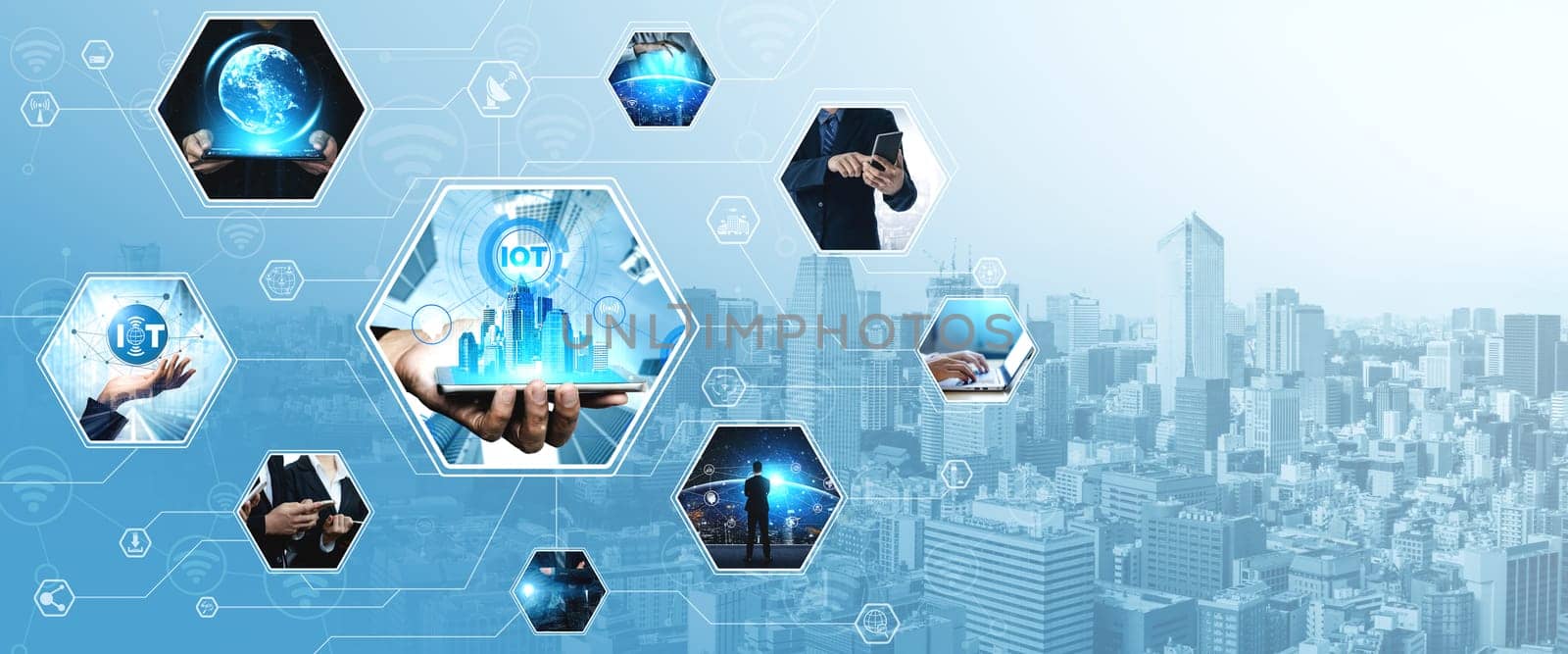 Communication technology , smart connection IOT and people network technology concept. People using connective device to connect to the secured internet network and cloud computing server vexel