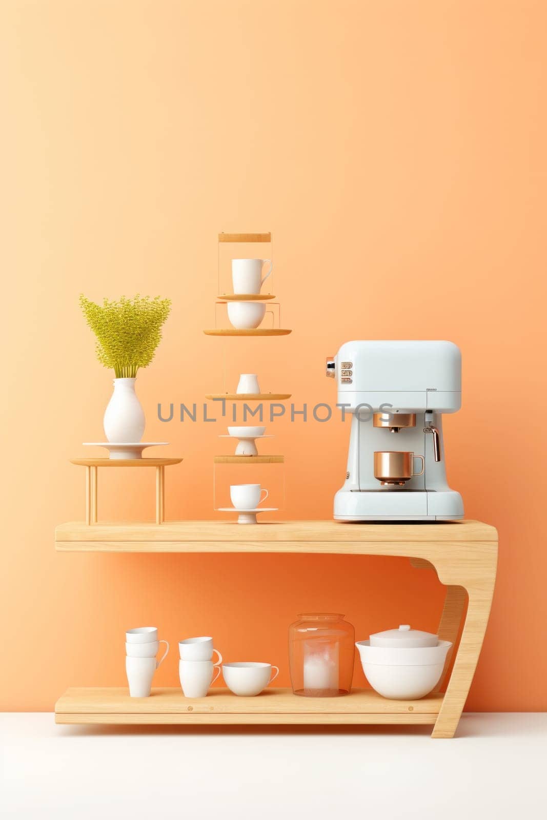 A white coffee maker sitting on top of a wooden shelf, AI by starush