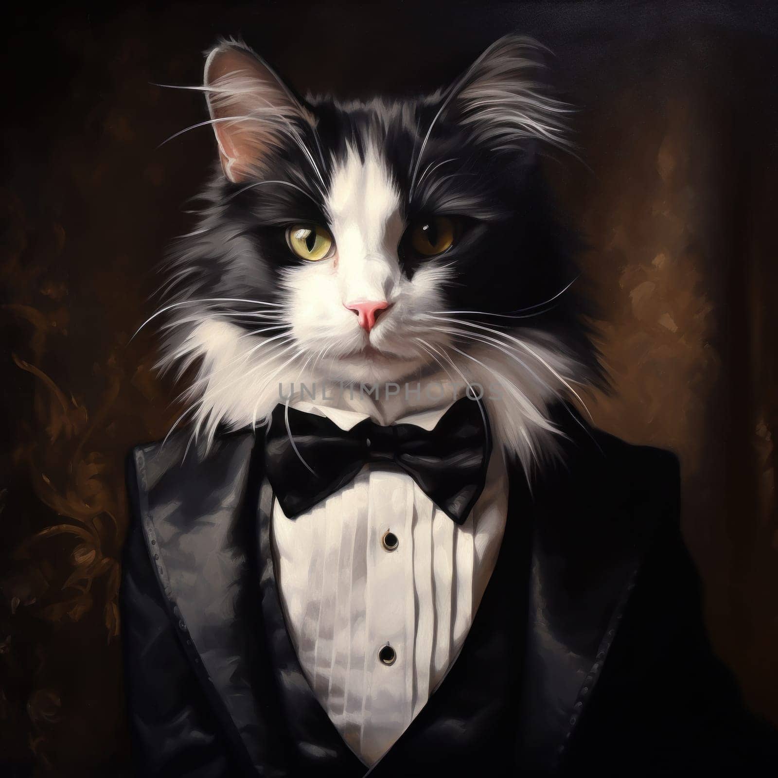 A black and white cat wearing a tuxedo