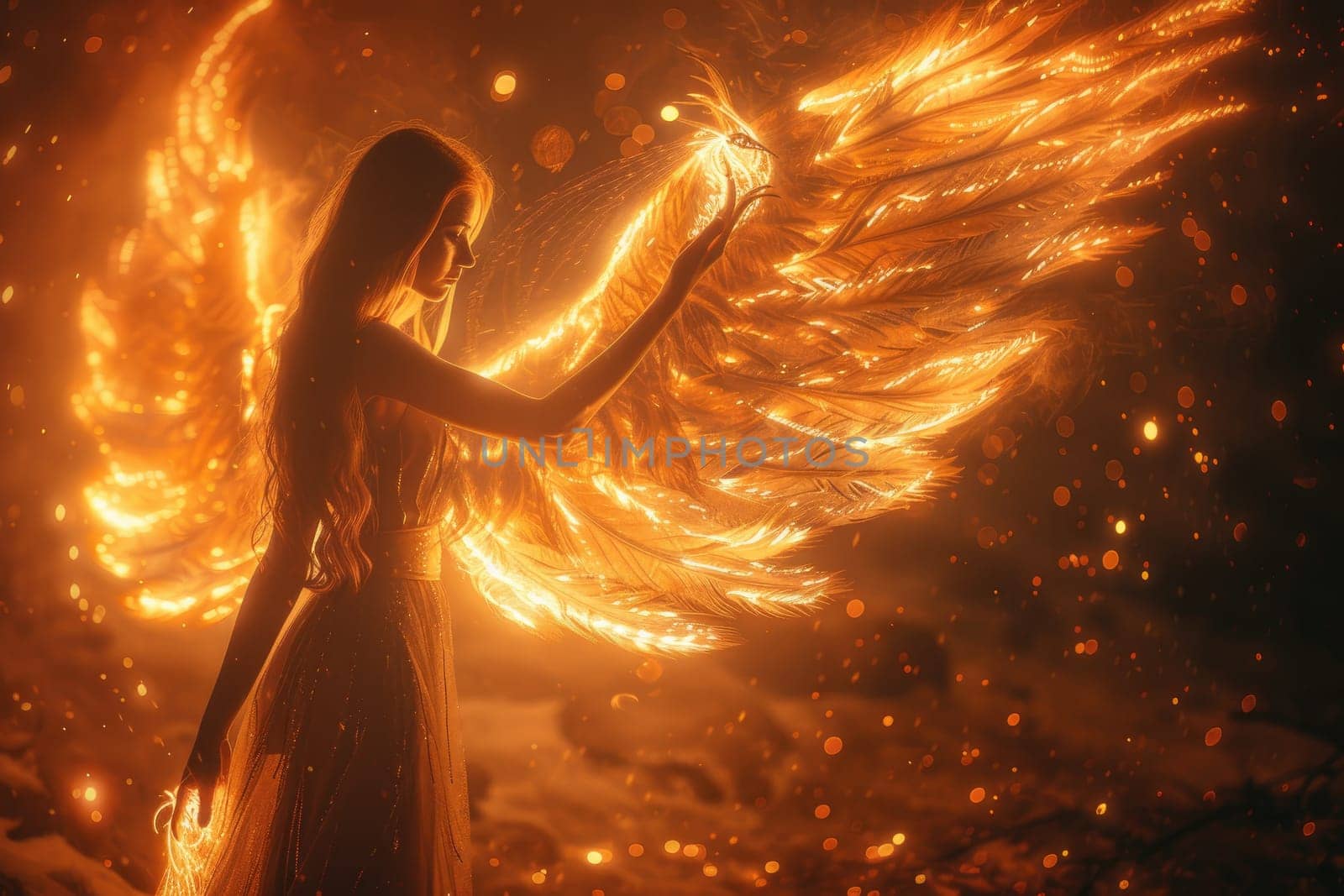 Woman with phoenix cosplay dance on fire. Generative AI.