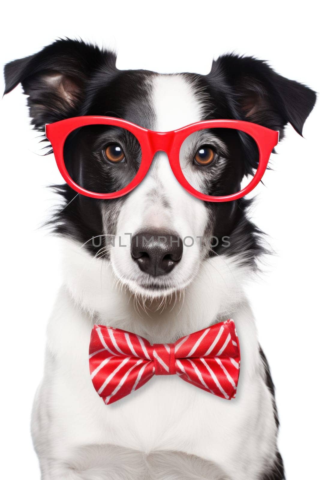 A dog wearing red glasses and a bow tie, AI by starush