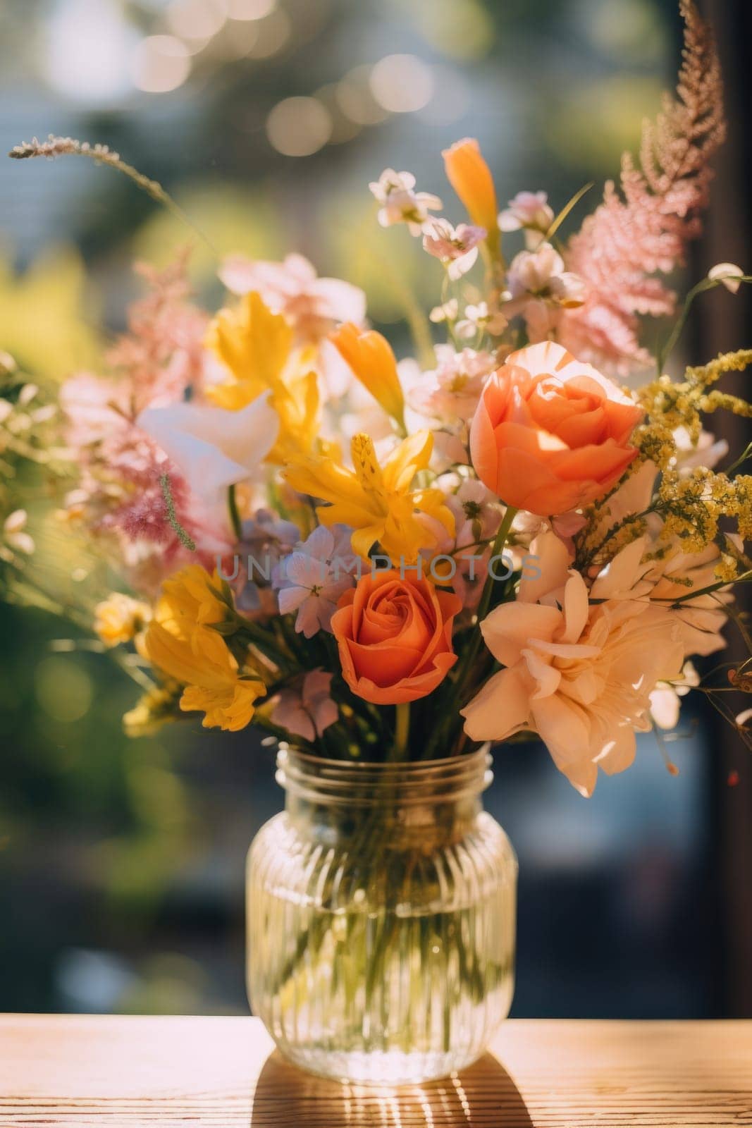 A vase filled with flowers sitting on top of a wooden table, AI by starush