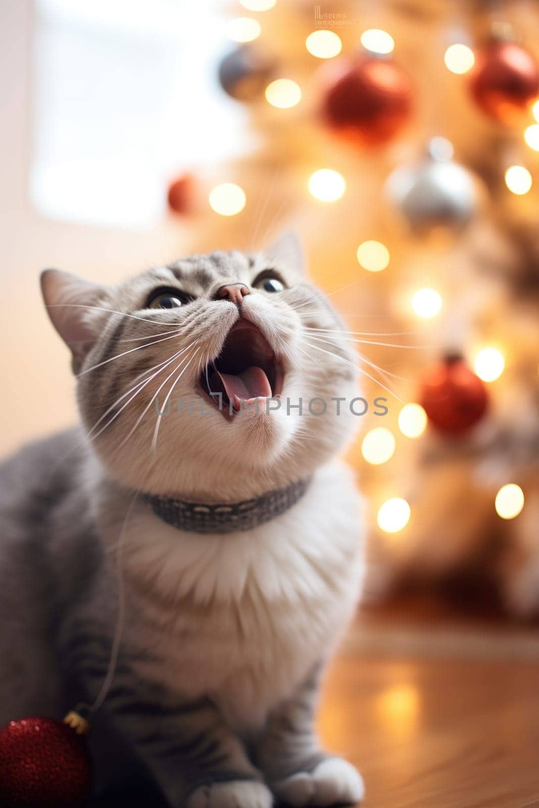 A cat yawns in front of a christmas tree