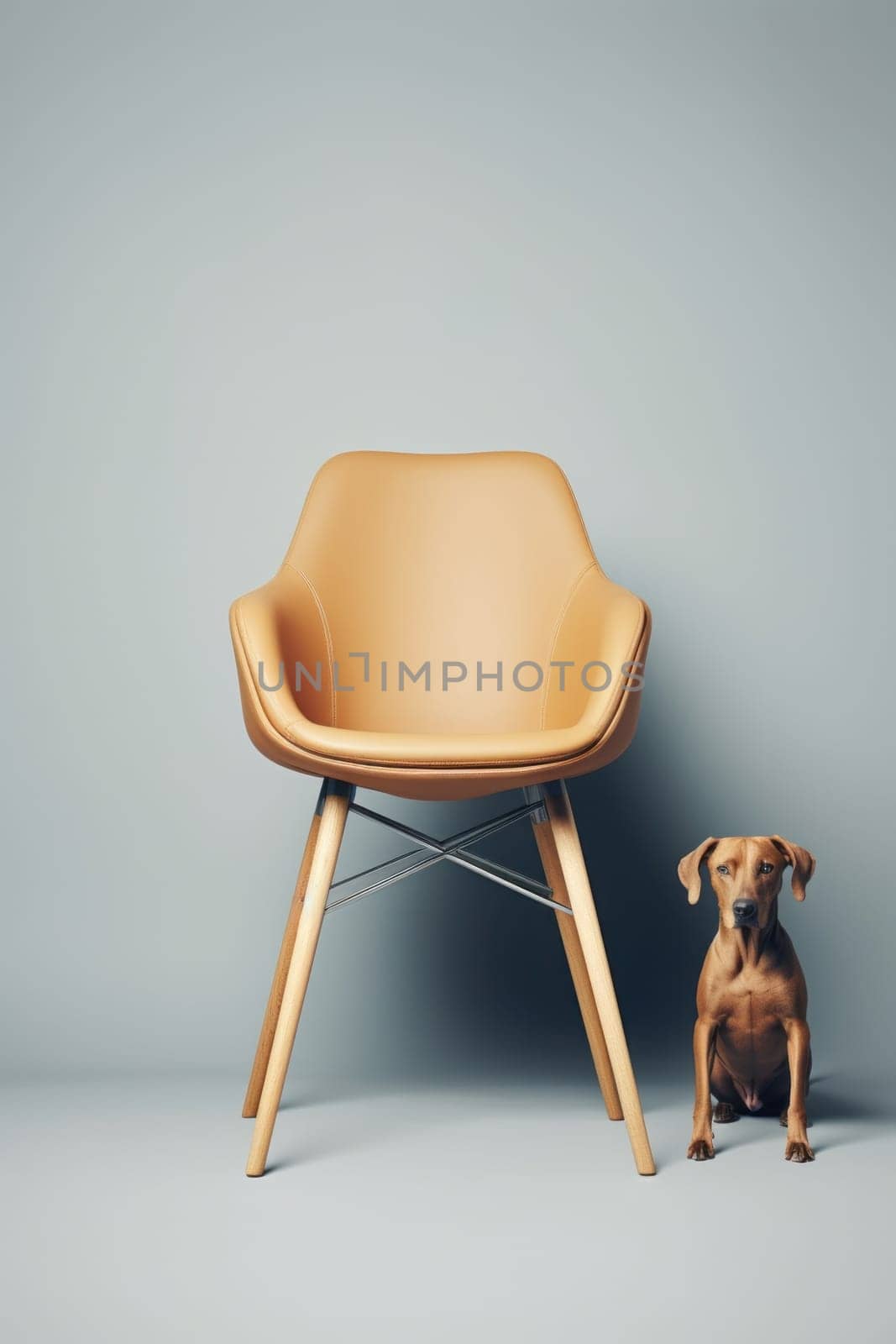 A dog sitting next to a chair in a room