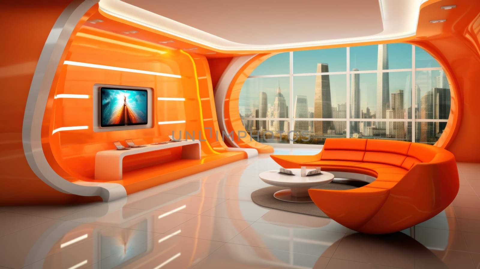 A living room with orange furniture and a large window, AI by starush
