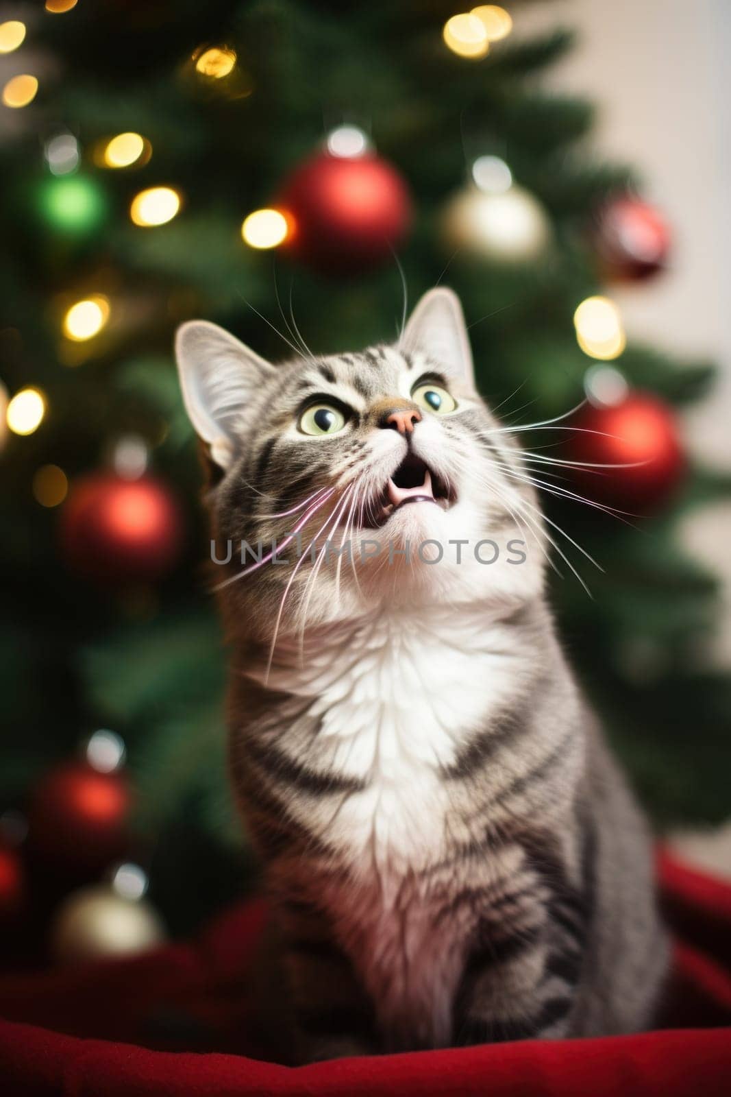 A gray and white cat sitting in front of a christmas tree, AI by starush
