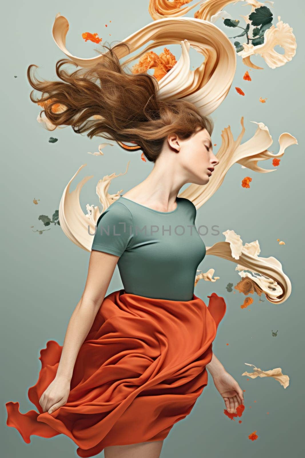 A woman with long hair flying through the air, AI by starush