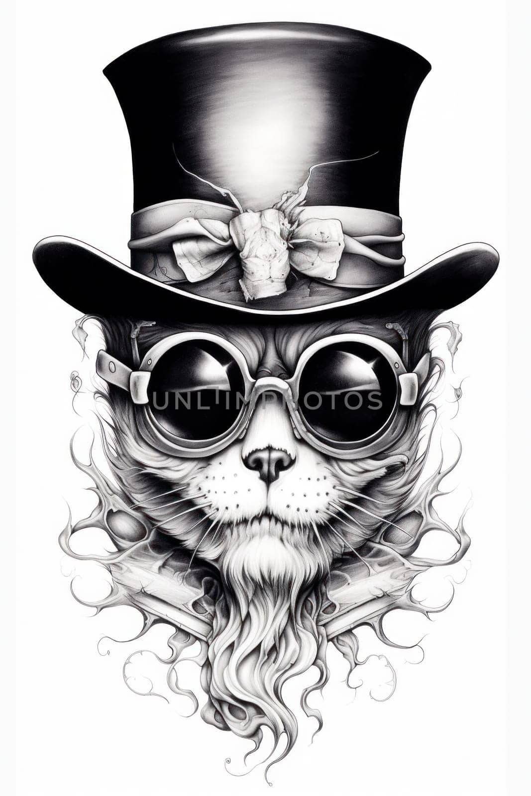 A drawing of a cat wearing a top hat and glasses, AI by starush
