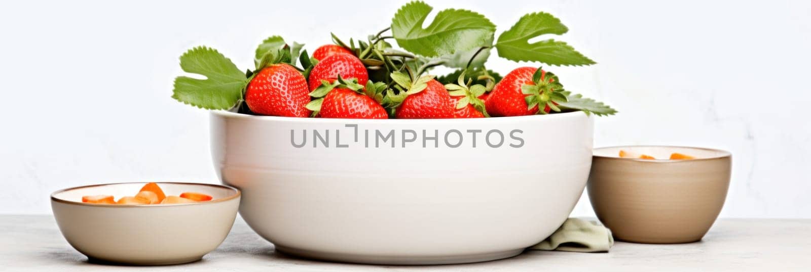 A bowl of strawberries and two cups of coffee
