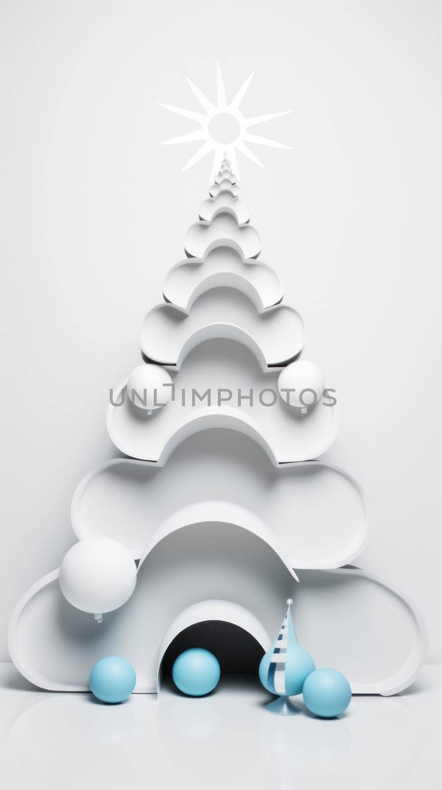 A white christmas tree with blue balls in front of it