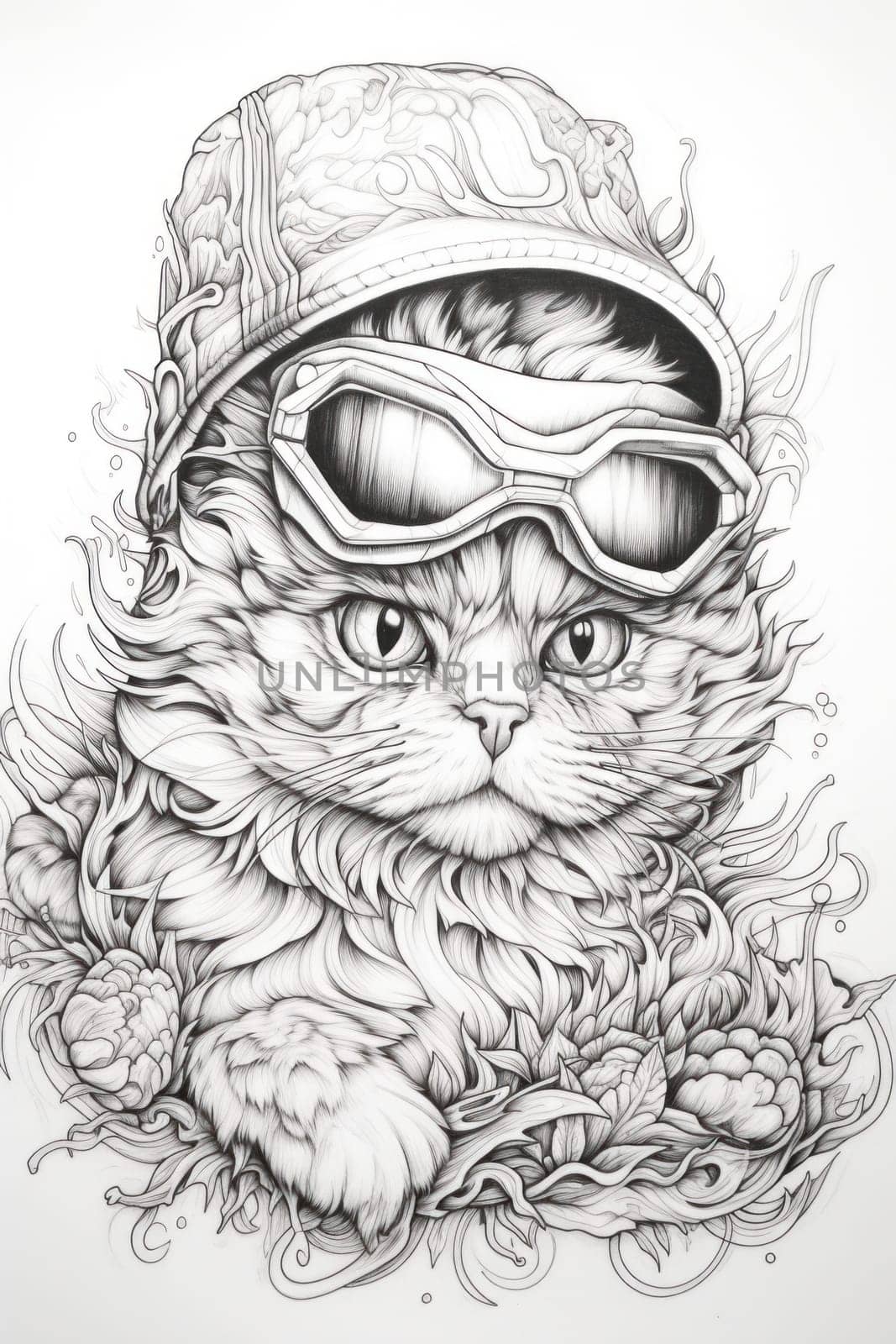 A drawing of a cat wearing a motorcycle helmet