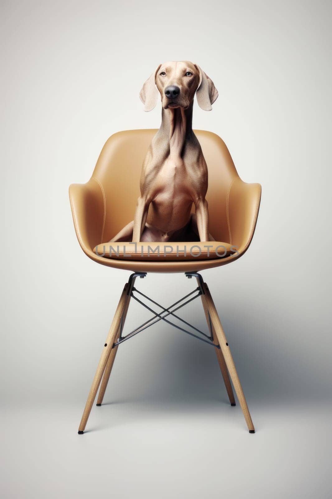 A dog sitting in a chair with a white background