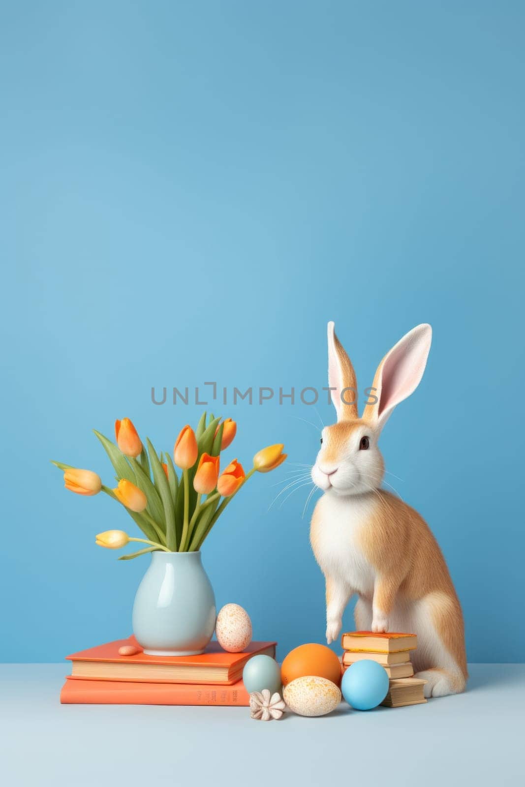 A rabbit sitting next to a vase of flowers