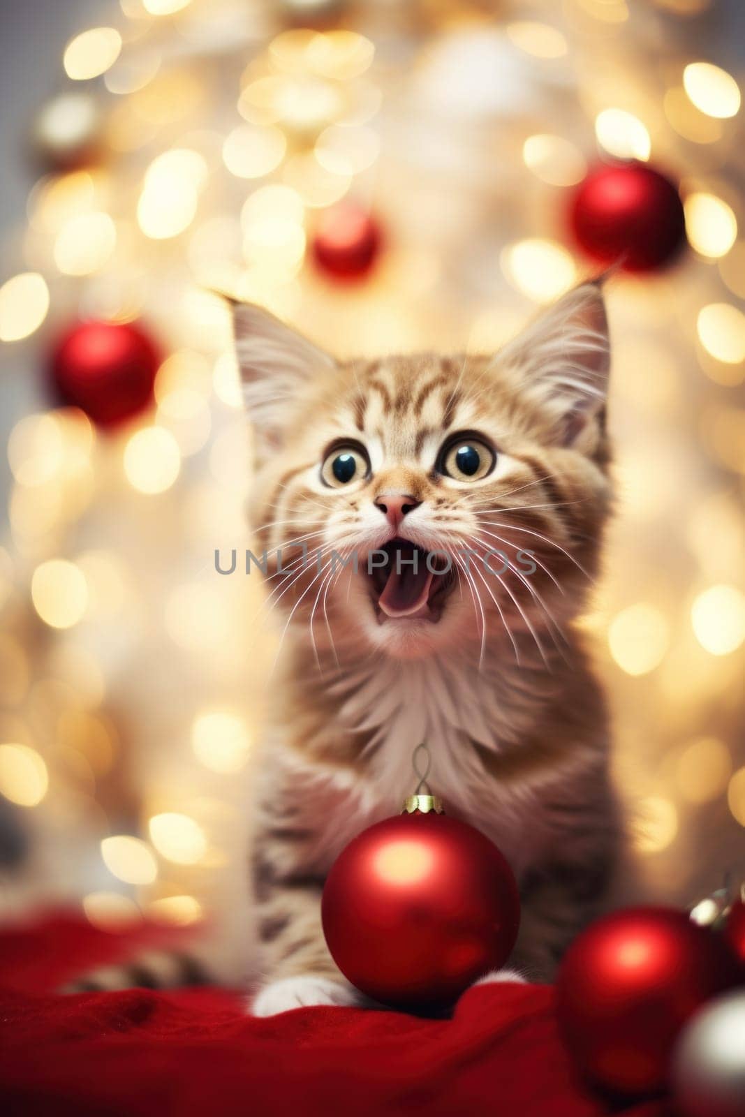 A kitten sitting on top of a red blanket next to christmas ornaments