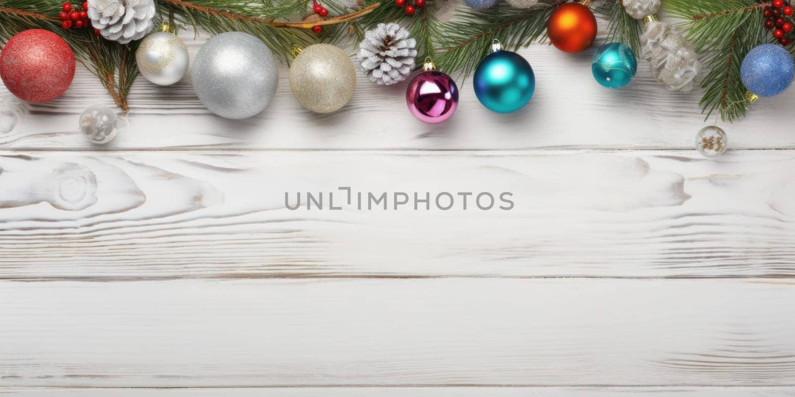 A white wooden table topped with christmas ornaments, AI by starush