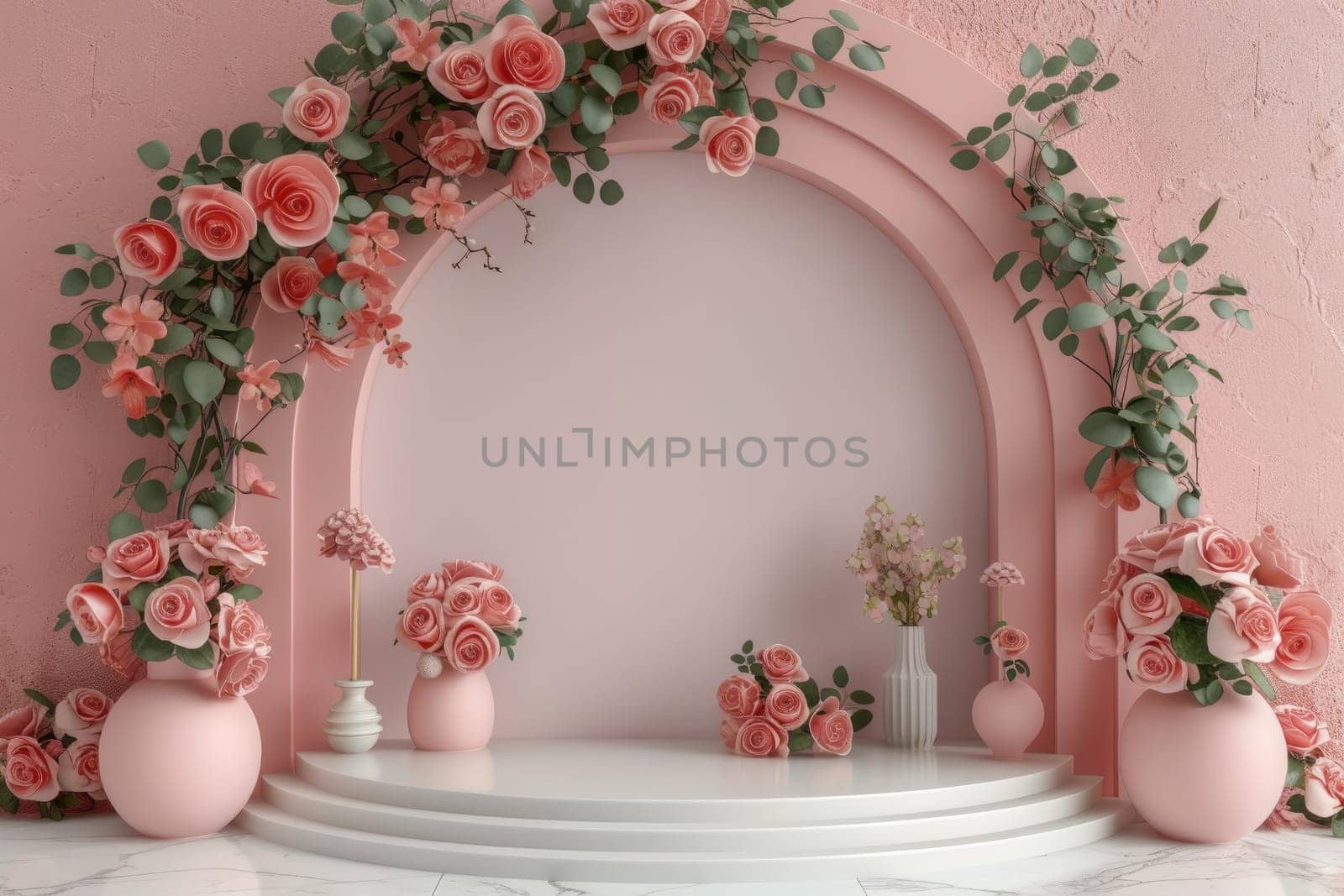 Podium background flower rose product for advertising. Generative AI by itchaznong