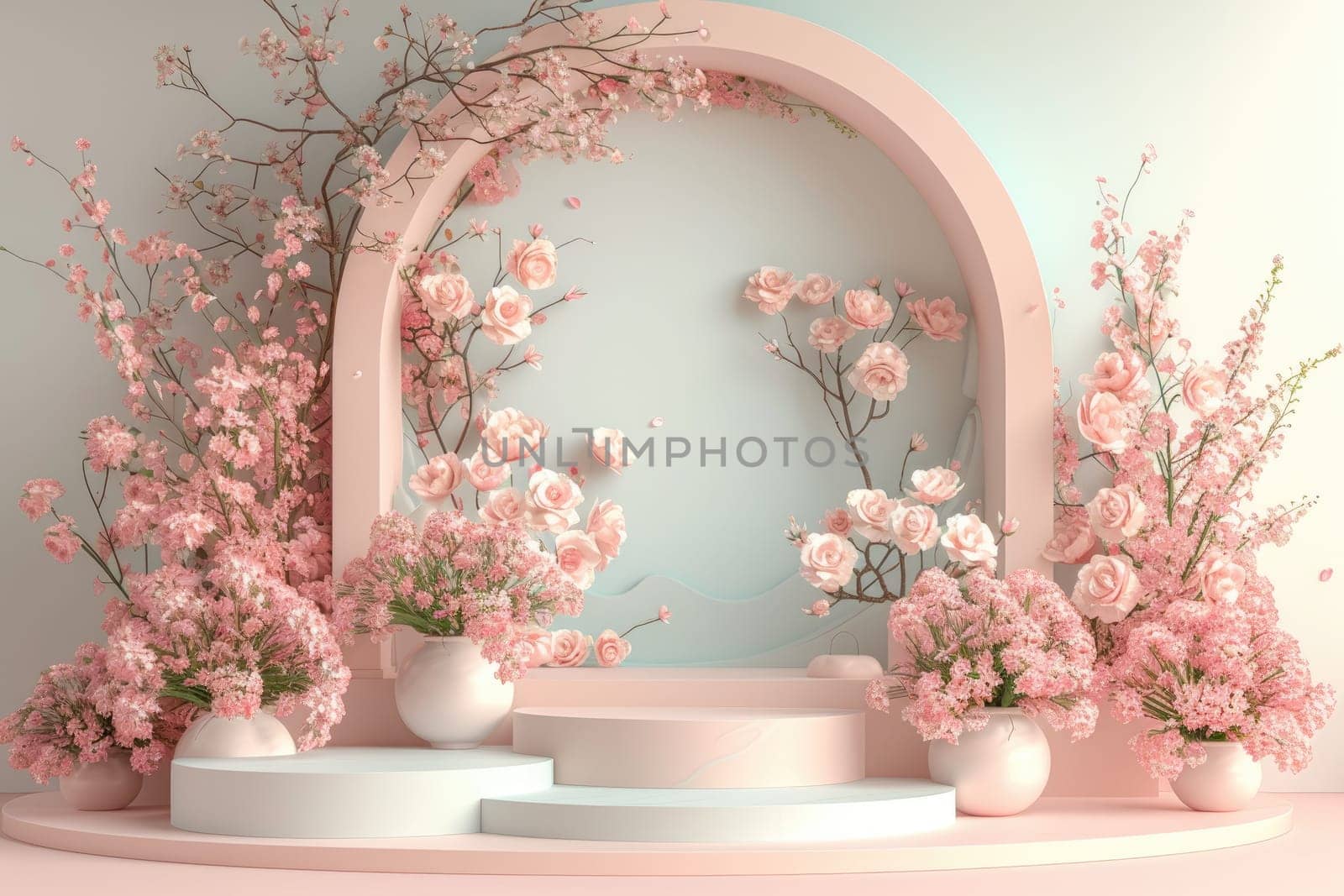 Podium background flower rose product for advertising. Generative AI by itchaznong