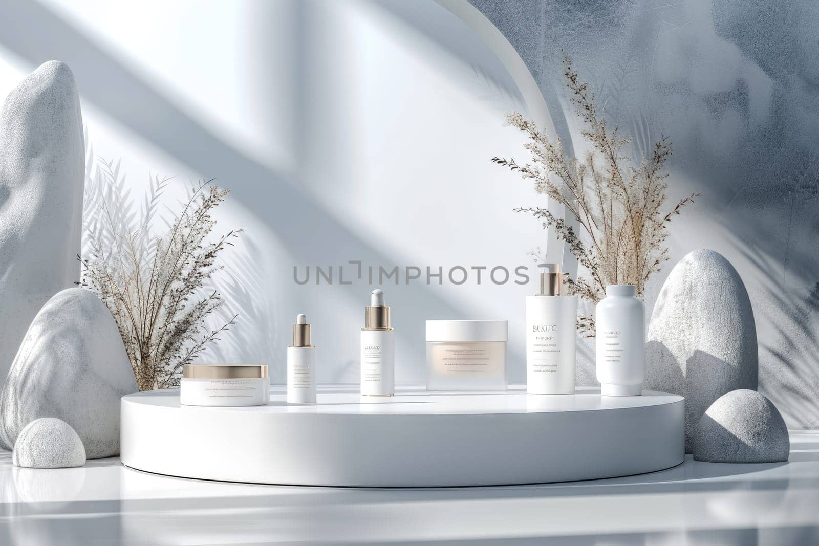 Podium background for cosmetic product for advertising. Generative AI by itchaznong