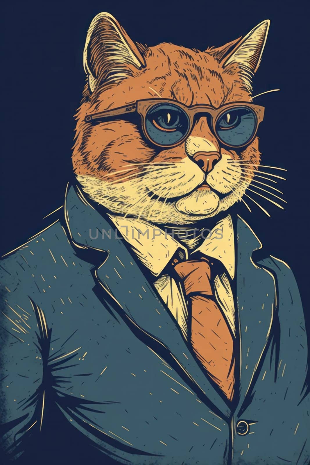 A cat in a suit and tie wearing glasses