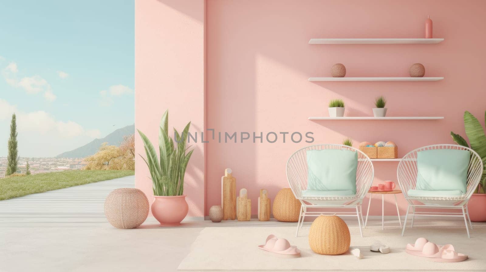 A pink room with two chairs and a table, AI by starush
