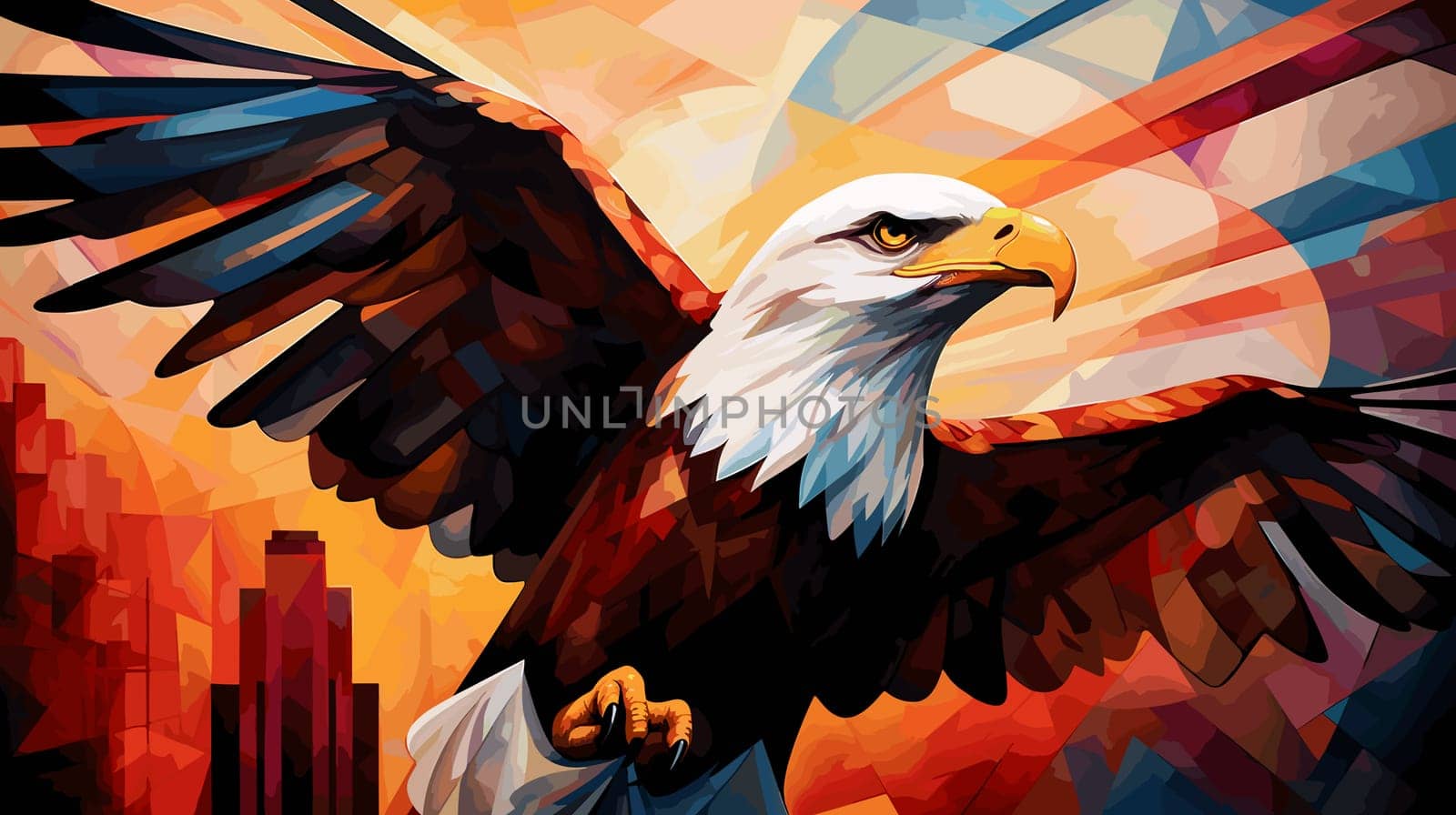 American bald eagle against the backdrop of a metropolis. Illustration in vector pop art style. Template for a poster, t-shirt print, sticker, etc.