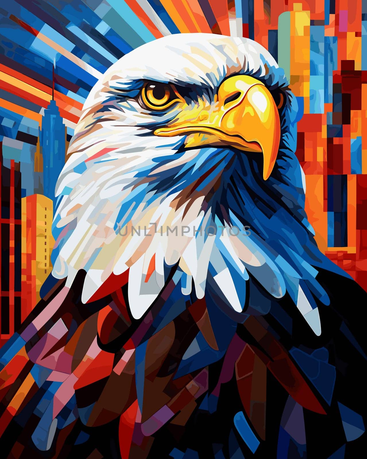 American bald eagle against the backdrop of a metropolis. Illustration in vector pop art style. Template for a poster, t-shirt print, sticker, etc.