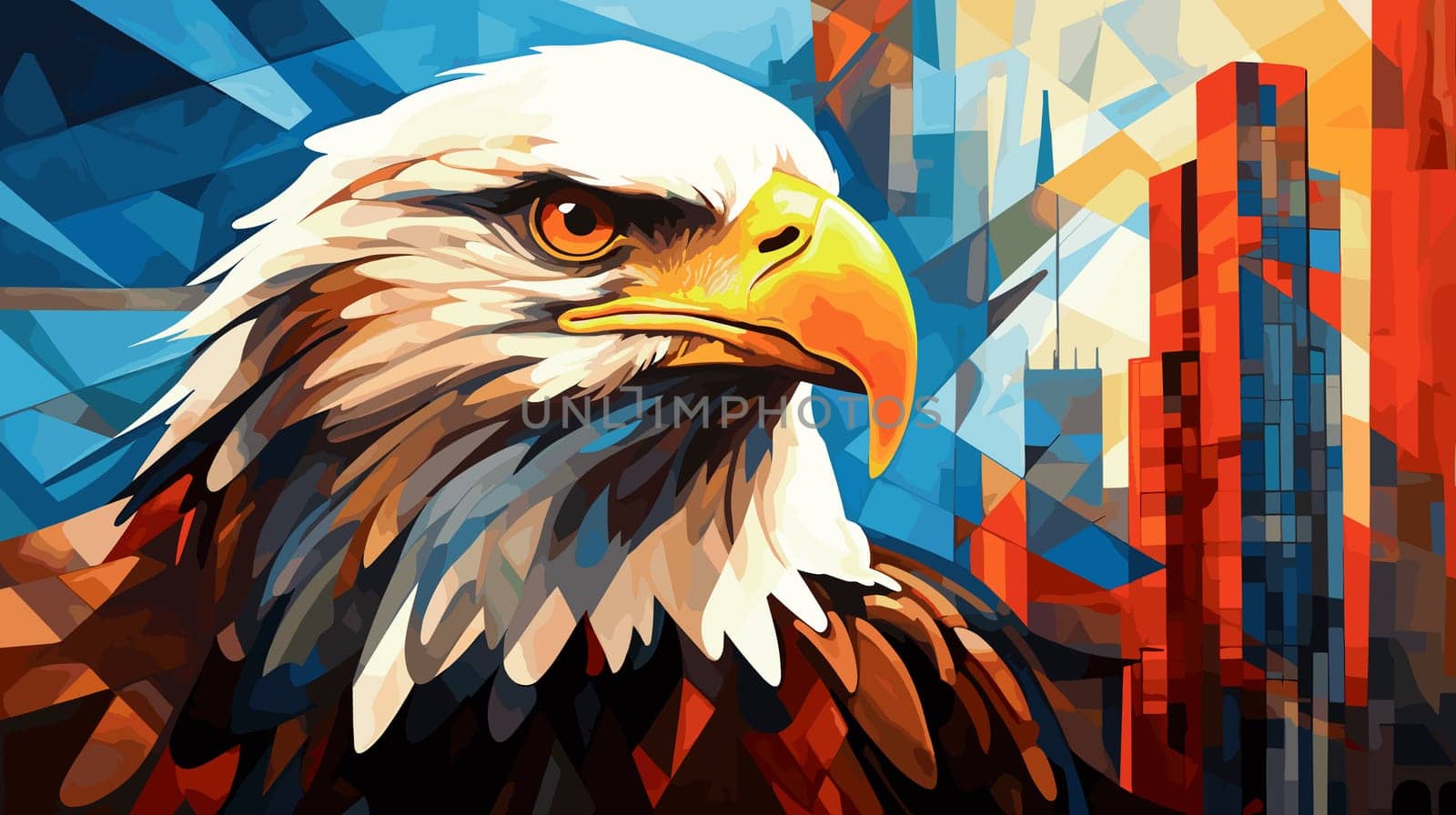 American bald eagle against the backdrop of a metropolis. Illustration in vector pop art style. Template for a poster, t-shirt print, sticker, etc.