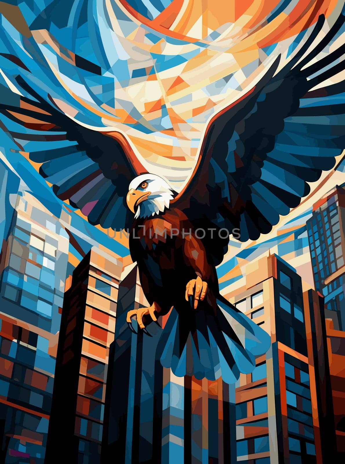 American bald eagle against the backdrop of a metropolis. Illustration in vector pop art style. Template for a poster, t-shirt print, sticker, etc.