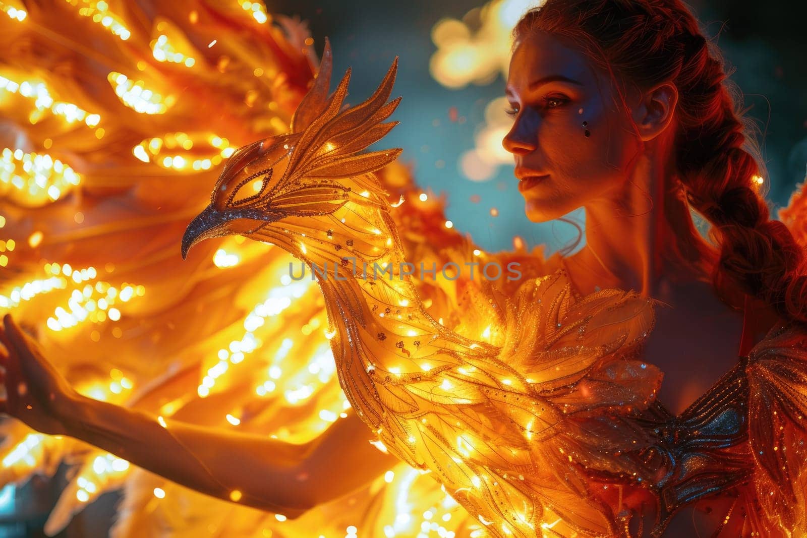 Woman with phoenix cosplay dance on fire. Generative AI by itchaznong
