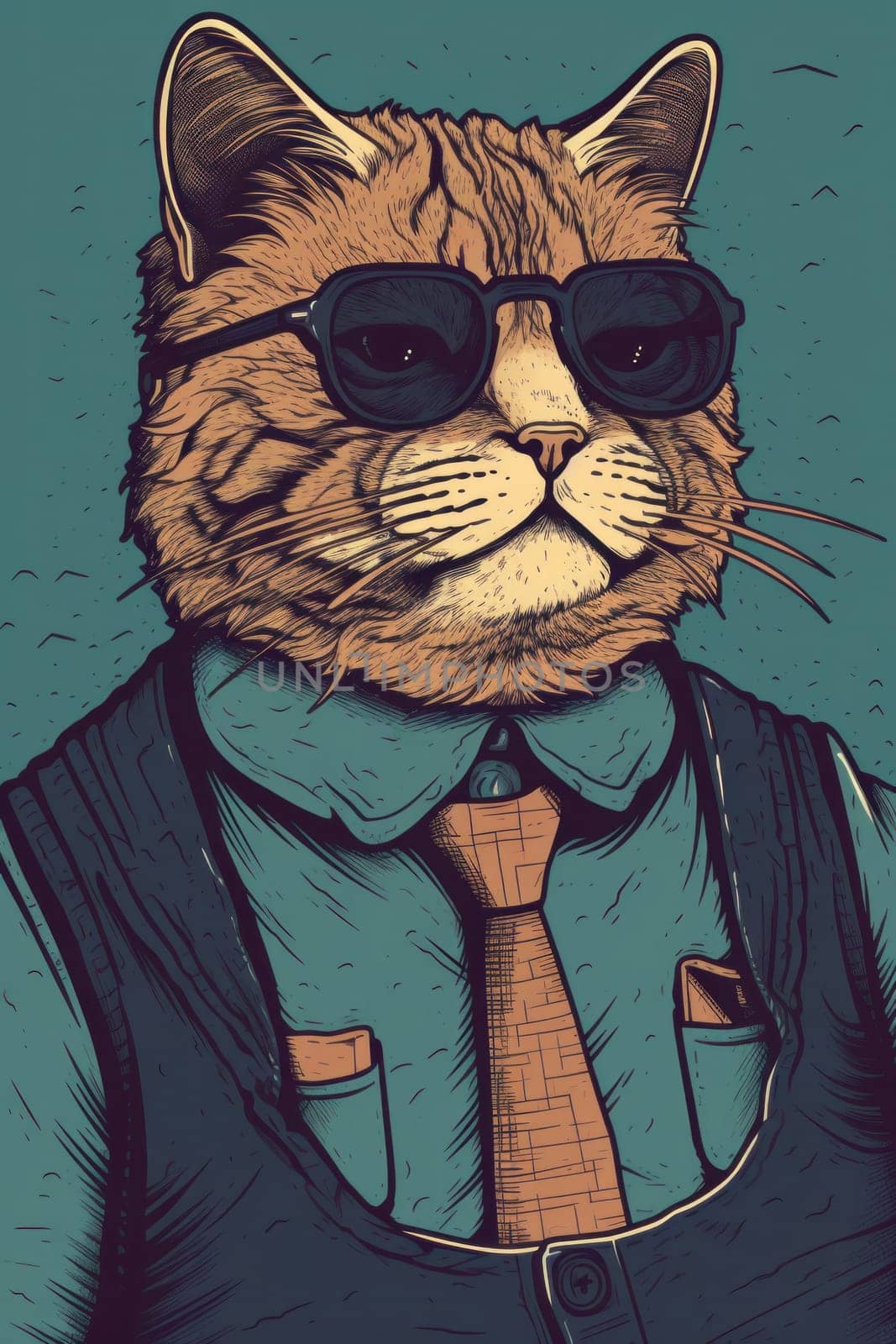 A drawing of a cat wearing sunglasses and a tie