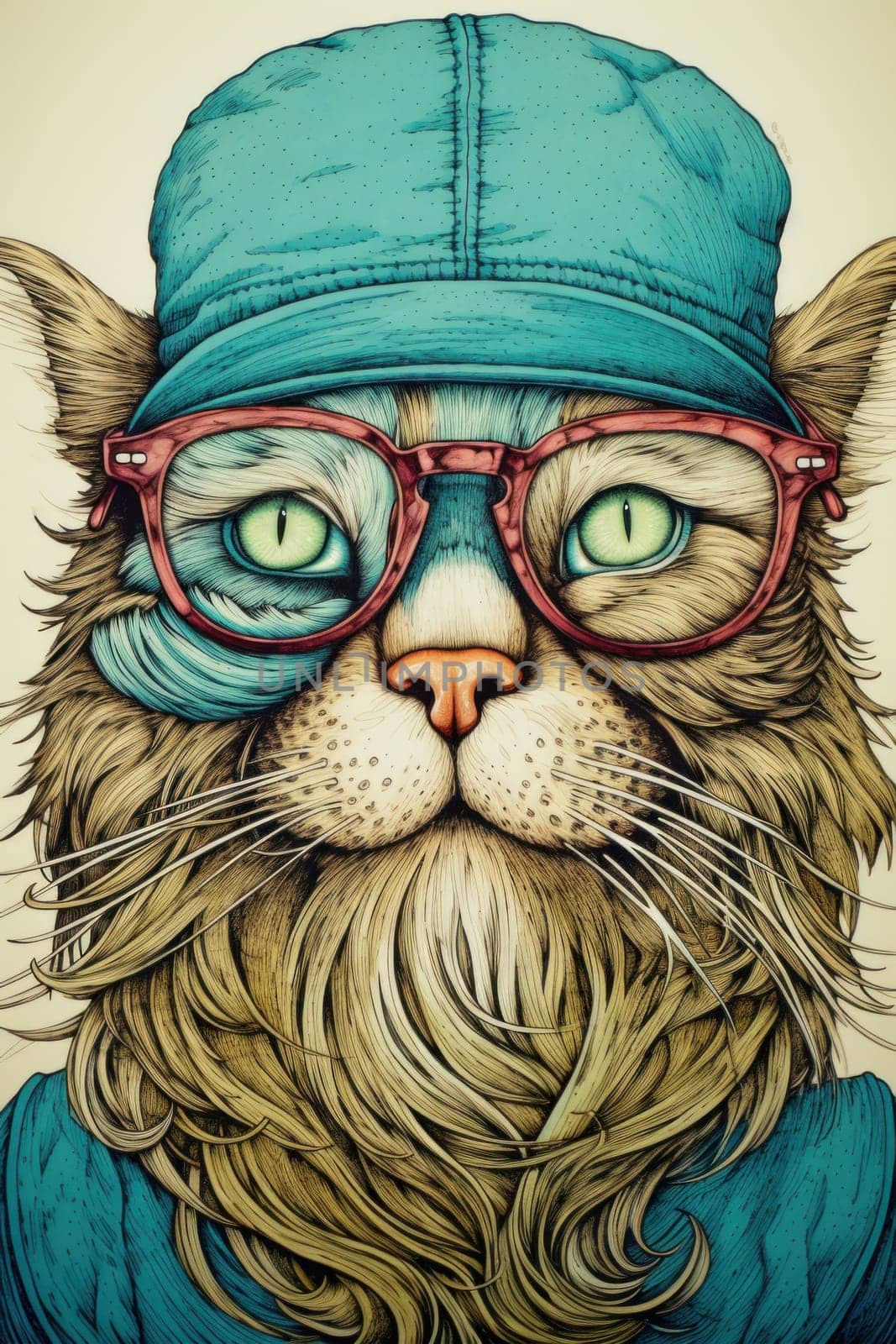 A drawing of a cat wearing a hat and glasses