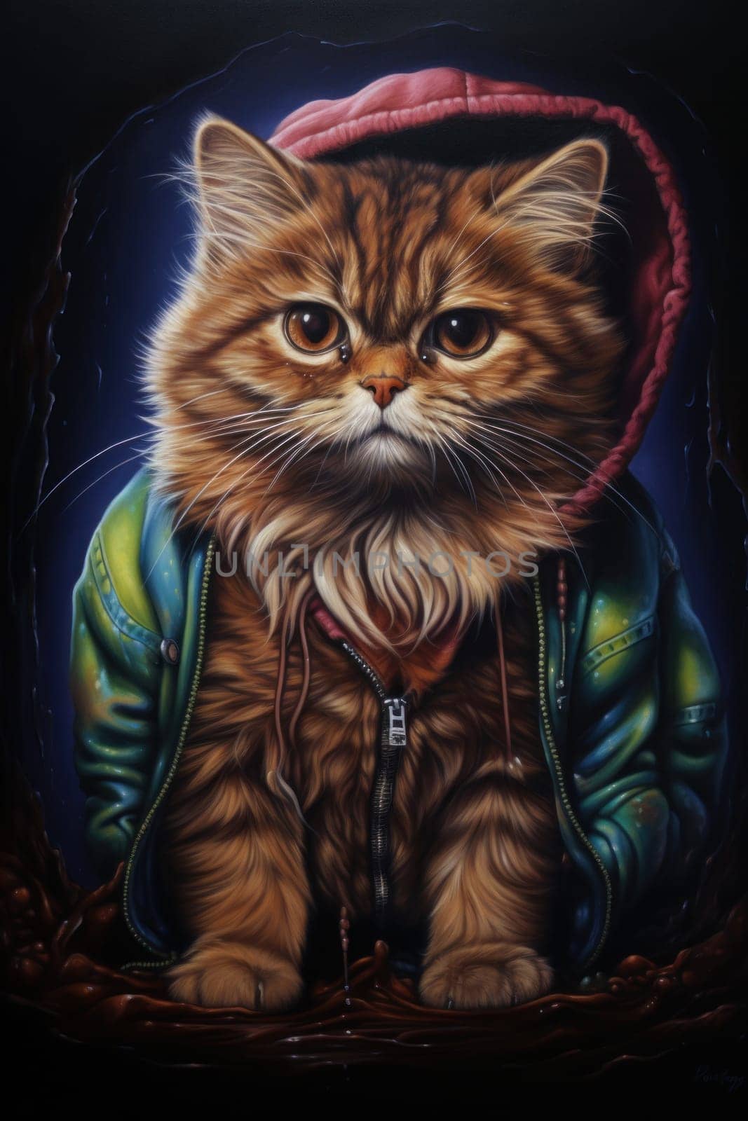 A painting of a cat wearing a hoodie