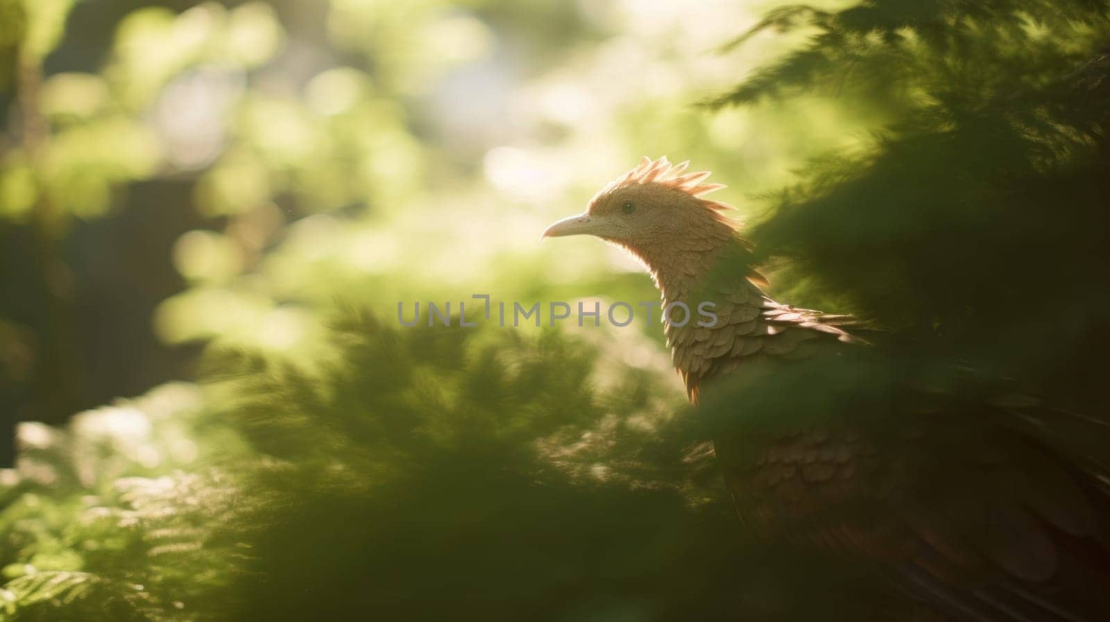 A bird is sitting in the middle of a tree