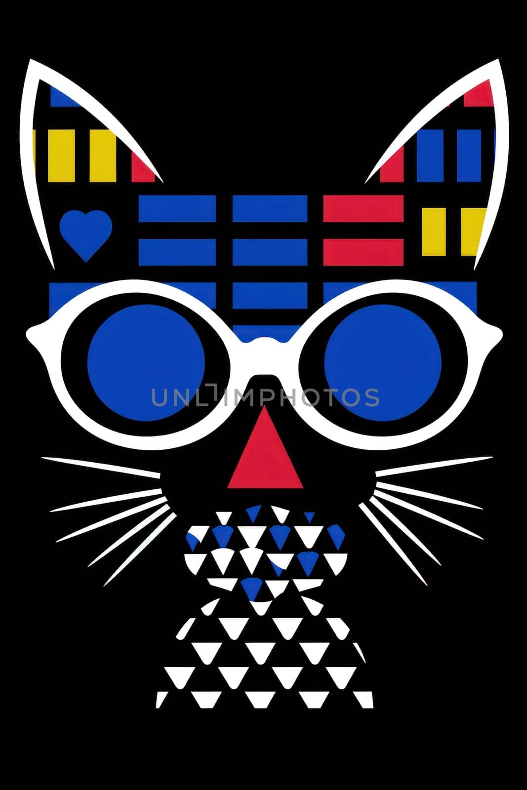 A cat with glasses and a geometric pattern on it's face