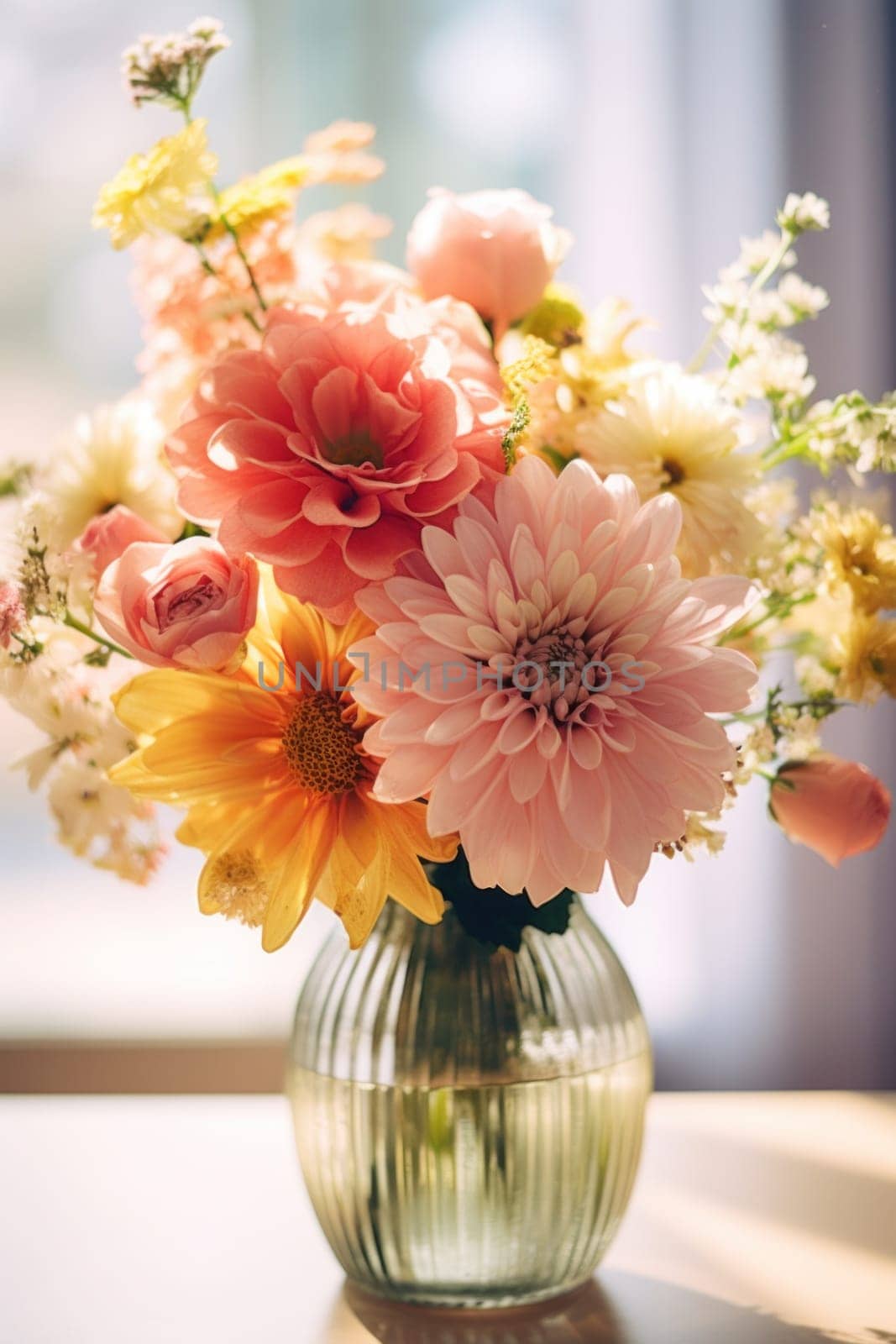 A vase filled with pink and yellow flowers, AI by starush