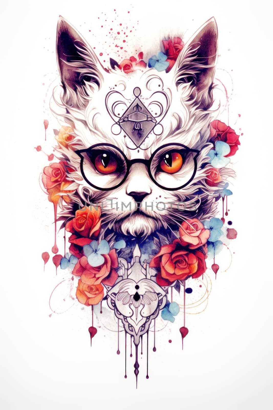 A drawing of a cat with glasses and flowers, AI by starush