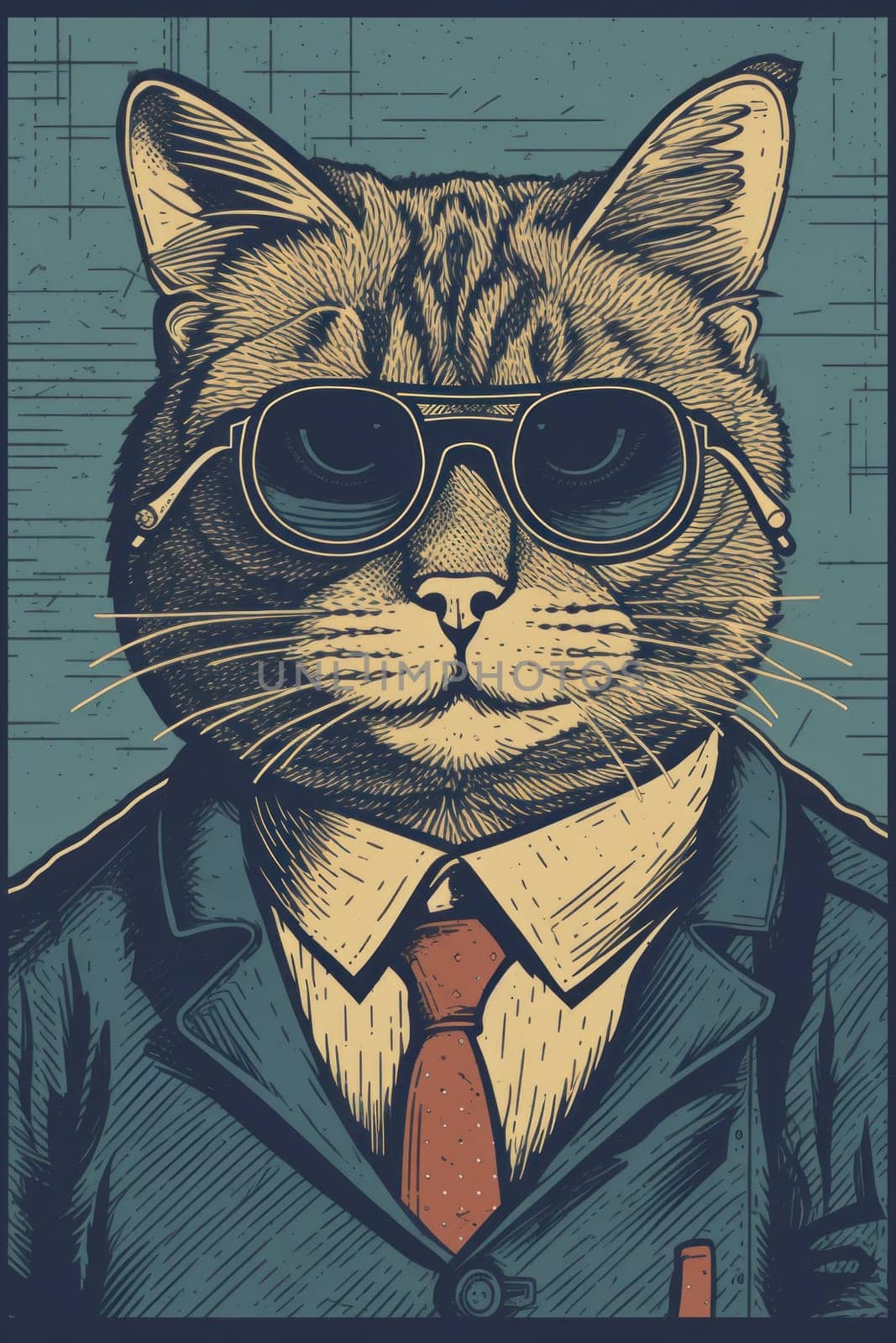 A cat wearing glasses and a suit with a tie, AI by starush