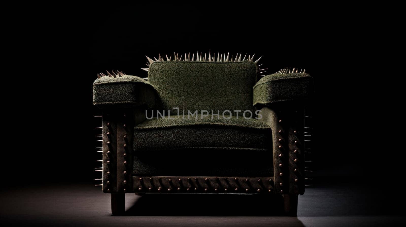 A green chair with spikes on it in a dark room, AI by starush
