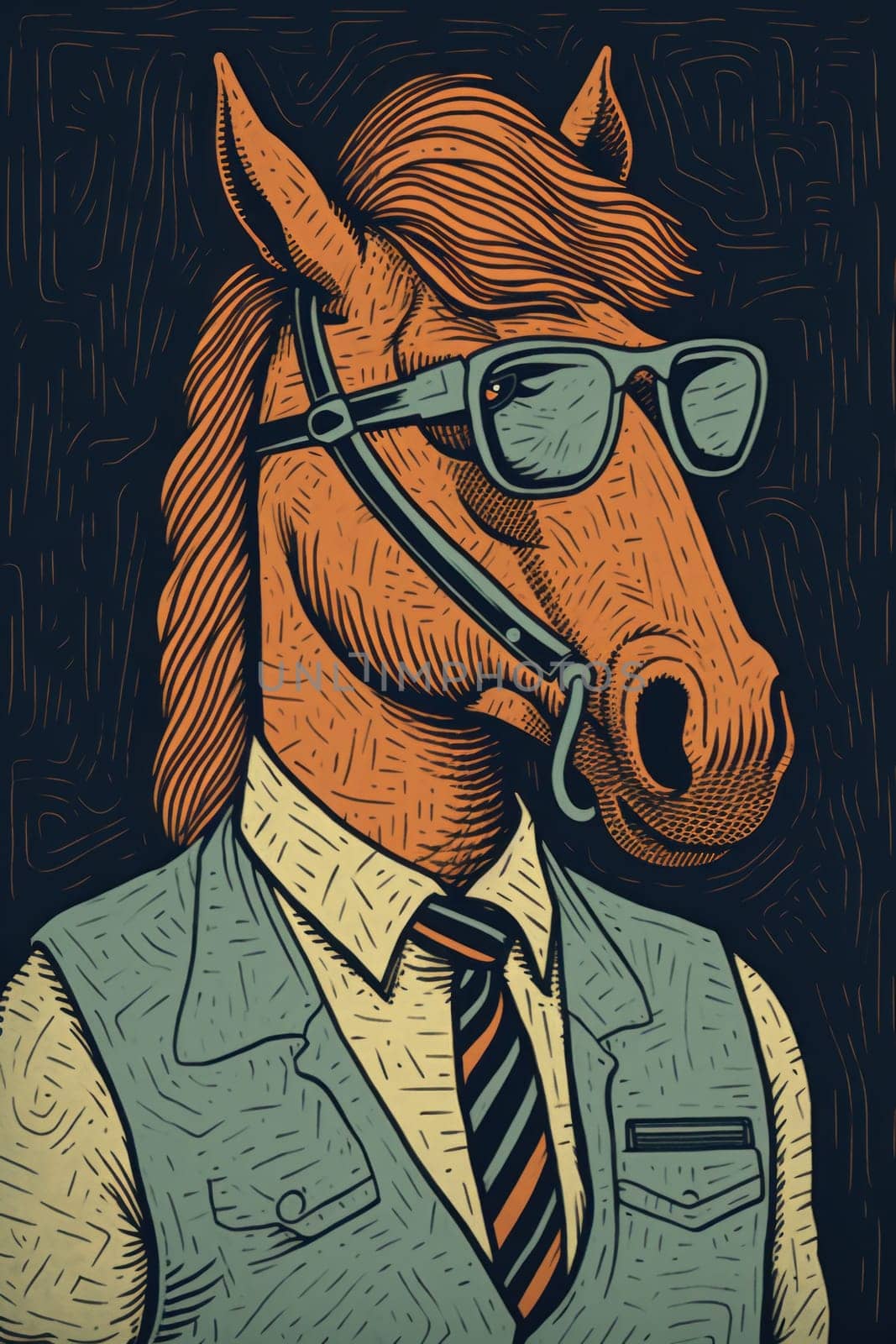 A horse wearing glasses and a tie